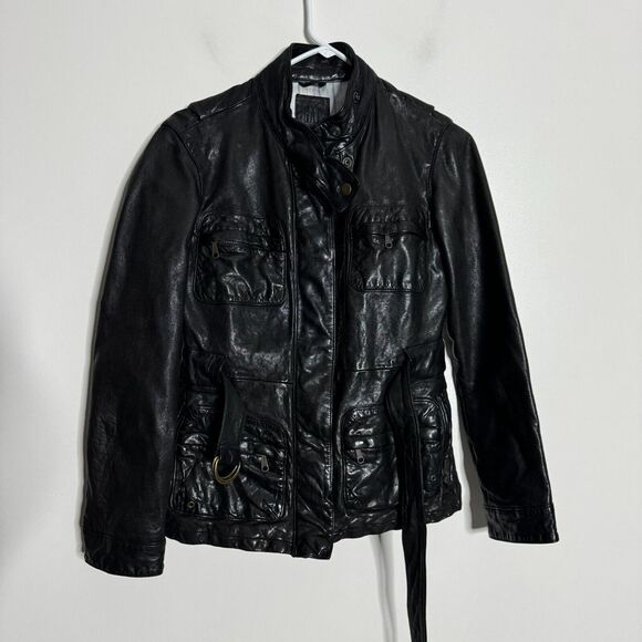 Gap Genuine‎ Leather Jacket XS Mens Solid Black Belted Motorcycle - Picture 1 of 9